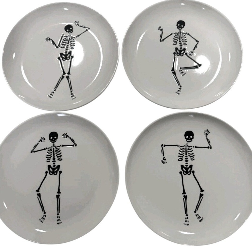 Halloween Dancing Skeleton Stoneware Dessert Plates Set 4 White/Black Gothic NIB